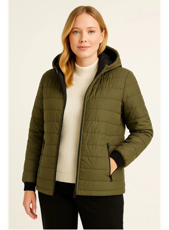 Şişme Kapüşonlu Fermuarlı Mont Su Itici Kapitone Astarlı Kumaş Cepli Kışlık Rahat Kalıp - Haki