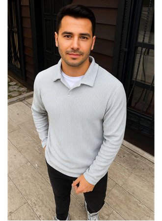 Erkek Fitilli Polar Sweatshirt – Düğmesiz Polo Yaka, Oversize Rahat Kalıp, Kalın Polar Kumaş, Kışlık Ve Baharlık Şık Günlük Üst - Gri