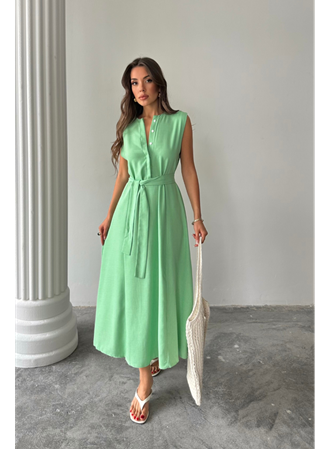 KETEN ELBİSE KOLSUZ BEL BAĞLAMALI MAXİ ELBİSE - Yeşil