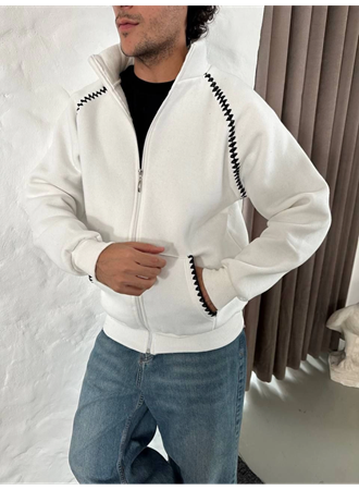 Erkek Oversize Dik Yaka Fermuarlı Sweatshirt - Zincir Nakışli Kanguru Cepli - Beyaz