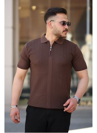 Erkek Yakası Fermuarlı Kısa Kollu T-shirt