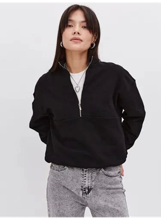 Oversize Yarım Farmuarlı Yakalı Basic SweatShirt - Siyah