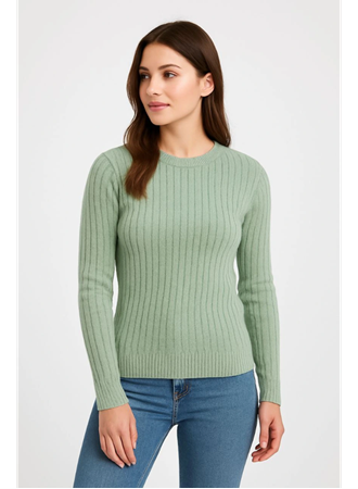 Erkek Bisiklet Yuvarlak Yaka Triko Kazak Pamuklu Kalın Fitilli Dokuma, Regular Fit Uzun Kollu Kışlık Model - Mint Yeşili