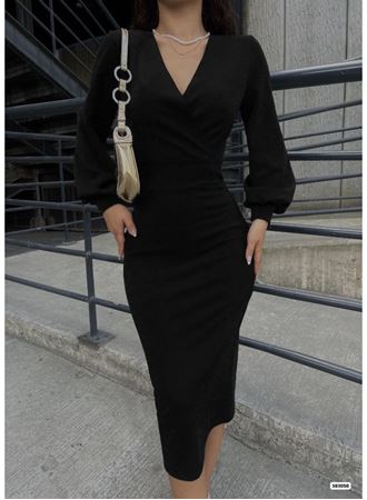 Kadın Uzun Kollu Kruvaze Yaka Büzgü Ve Balon Kol Detay Krep Kumaş Maxi Boy Simli Elbise