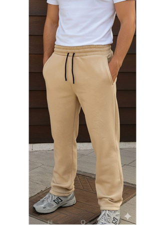 Erkek Üç Iplik Kışlık Pamuklu Ovarsize Bağcıklı Düz Paça Cepli Eşofman Altı Spor Rahat Model - Bej