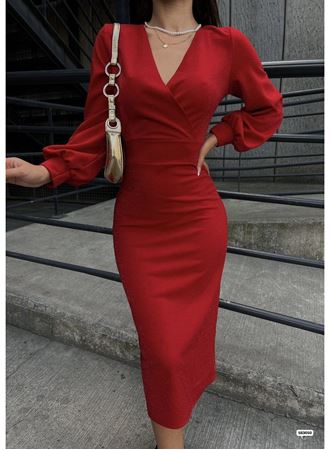 Kadın Kruvaze Yaka Balon Kol Simli Krep Kumaş Midi Boy Elbise