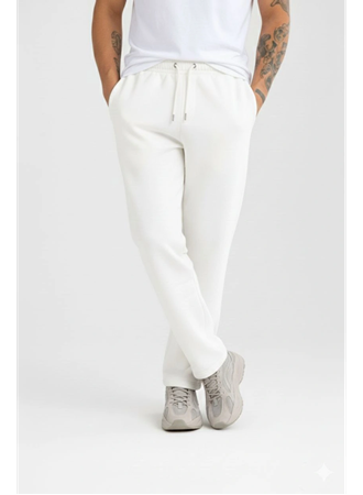 Erkek Üç Iplik Kışlık Pamuklu Ovarsize Bağcıklı Düz Paça Cepli Eşofman Altı Spor Rahat Model - Beyaz