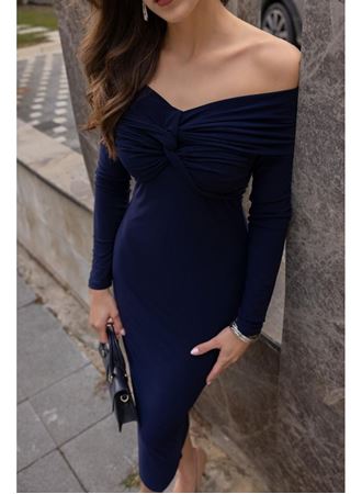 Kadın Uzun Kollu Madonna Yaka Düğüm Büzgü Detay Maxi Boy Elblbise