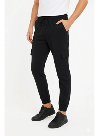 Erkek Siyah Jogger Eşofman Altı Rahat Kalıp, Kargo Cepli, Lastikli Paça, Günlük Spor Pantolon - Siyah