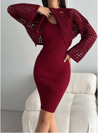 Kadın Uzun Kollu Delikli Kazak Askılı Elbise Triko Ikili Takım