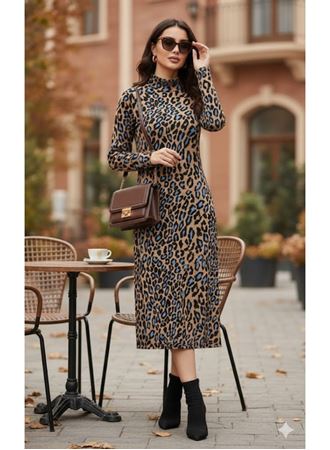 Kadın Uzun Kollu Balıkçı Yaka Leopar Desenli Midi Boy Elbise