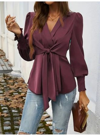 Kadın Uzun Kollu Kruvaze Yakalı önden Bağlamalı Ithal Krep Bluz