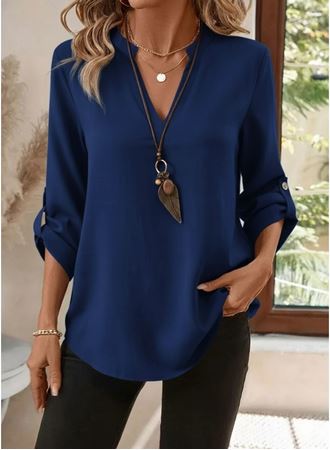 Kadın Uzun Kollu V Yakalı Ithal Krep Lacivert Bluz