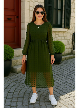 Kadın Uzun Kollu Astar Detay Fırsat ürün Ponpon şifon Elbise