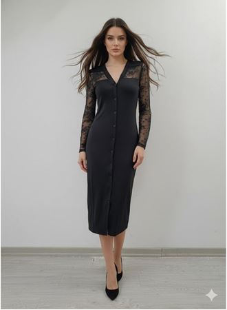 Kadın Uzun Kollu Transparan Detay Midi Boy Elbise