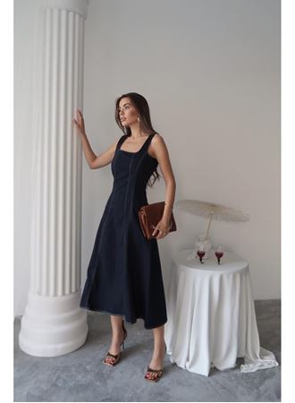 Lacivert Çift Dikişli Gabardin Elbise