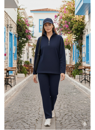 Kadın Balıkçı Yaka Fermuar Detay Polar Sweat Ve Pantolon Ikili Takım