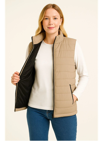 Şişme Fermuarlı Yelek Su Itici Kapitone Astarlı Kumaş Cepli Hafif Kışlık Spor Rahat Kalıp - Bej