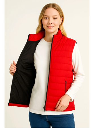 Şişme Fermuarlı Yelek Su Itici Kapitone Astarlı Kumaş Cepli Hafif Kışlık Spor Rahat Kalıp - Kırmızı