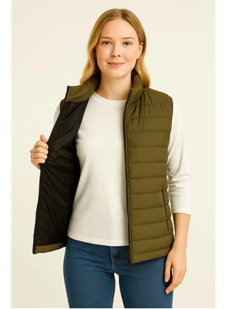 Şişme Fermuarlı Yelek Su Itici Kapitone Astarlı Kumaş Cepli Hafif Kışlık Spor Rahat Kalıp - Haki