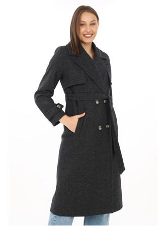 Premium Kaşe Kaban Uzun Boy, Balık Sırtı Yünlü Kaşmir Dokuma, Kruvaze Kuşaklı Astarlı - Siyah