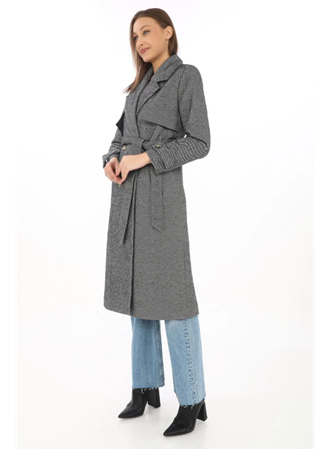 Uzun Kaşe Kaban – Balık Sırtı Dokuma Kaşmir Kumaş, Kruvaze Yaka, Kuşaklı Cepli Model, Oversize Rahat Kalıp - Boyalı Gri