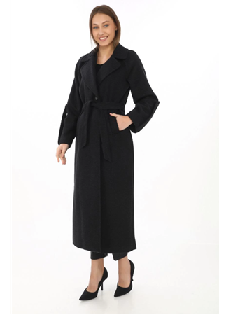 Uzun Kaşe Kaban – Yünlü Dokuma Kaşmir Kumaş, Kruvaze Yaka, Kuşaklı Astarlı Tesettür Uyumlu Şık Kışlık Siyah Model - Siyah