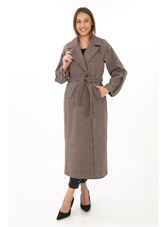 Uzun Kaşe Kaban – Yünlü Dokuma Kaşmir Kumaş, Kruvaze Yaka, Kuşaklı Astarlı Tesettür Uyumlu Şık Kışlık Siyah Model- Vizon