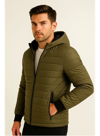 Erkek Şişme Kapüşonlu Fermuarlı Mont Su Itici Kapitone Astarlı Kumaş Cepli Kışlık Rahat Kalıp - Haki