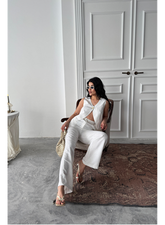 KETEN TEK DÜĞME YELEK-PANTOLON TAKIM - Beyaz