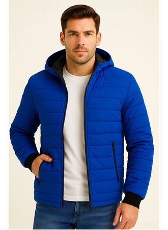 Erkek Şişme Kapüşonlu Fermuarlı Mont Su Itici Kapitone Astarlı Kumaş Cepli Kışlık Rahat Kalıp - Saks Mavisi