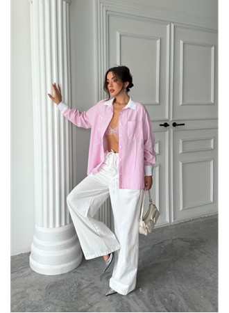 YAKA VE MANŞET BEYAZBOYFRİEND ÇİZGİLİPOPLİN GÖMLEK - Pembe