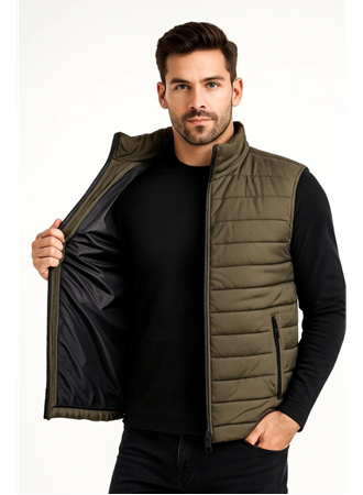 Erkek Şişme Fermuarlı Yelek Su Itici Kapitone Astarlı Kumaş Cepli Hafif Kışlık Spor Rahat Kalıp - Haki