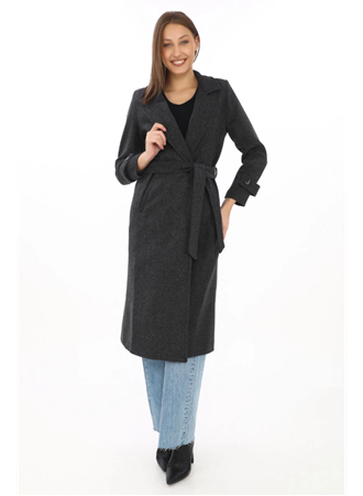 Balık Sırtı Kaşe Kaban – Uzun Boy Kruvaze Yaka Kuşaklı Astarlı Kışlık Tesettür Kaban, Yünlü Dokuma Kaşmir Kumaş, Cepli Rahat Oversize Kalıp Şık Modern Kaban Mont Modeli (Günlük Ve Özel Gün Kombinlerine Uygun) - Siyah