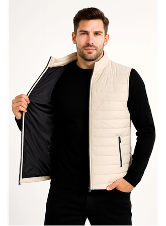 Erkek Şişme Fermuarlı Yelek Su Itici Kapitone Astarlı Kumaş Cepli Hafif Kışlık Spor Rahat Kalıp -Bej