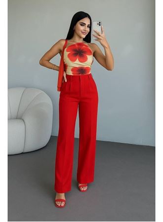 Kadın Yüksek Bel Plise Detay Bol Paça Pantolon