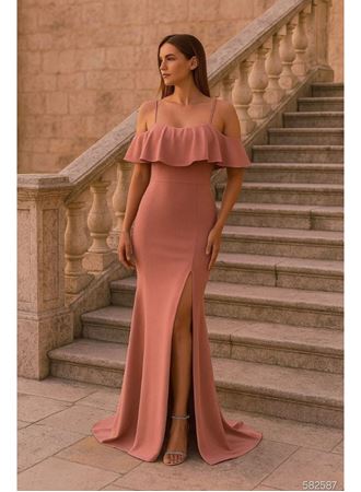 Kadın Dalgıç Krep Yırtmaç Detaylı Askılı Maxi Boy Elbise