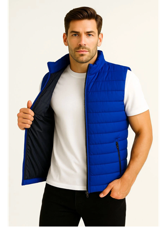 Erkek Şişme Fermuarlı Yelek Su Itici Kapitone Astarlı Kumaş Cepli Hafif Kışlık Spor Rahat Kalıp - Saks Mavisi