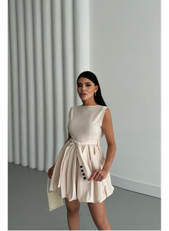 BALON ETEKLİ TASARIM KISA ELBİSE - Bej