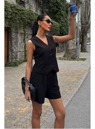 Yelek Şort Flamlı Keten Takım 10133-17