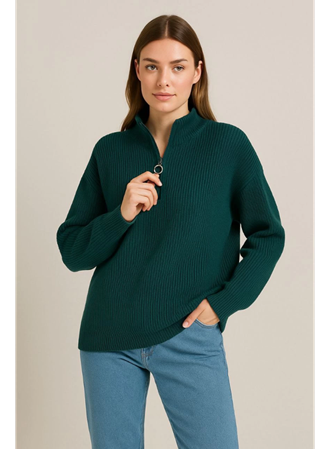 KADIN Yarım Fermuarlı Triko Kazak – Selanik Örgü, Dik Yaka, Pamuklu Dokuma, Oversize Uzun Kollu Kışlık Model - Haki