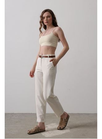 Kemerli Havuç Pantolon - Ekru