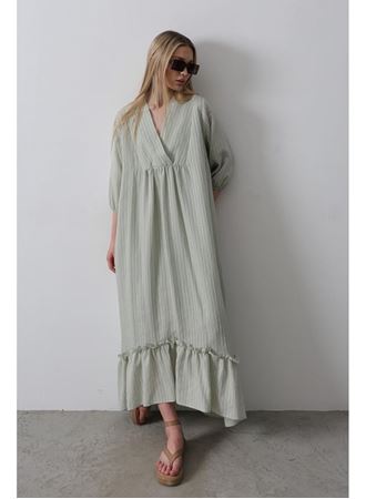 Çizgili Oversize V Yaka Elbise - Haki