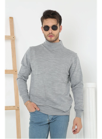Erkek Yarım Boğaz Triko Kazak Yumuşak Dokulu Pamuklu Ince Dokuma, Uzun Kollu Rahat Regular Kalıp - Gri