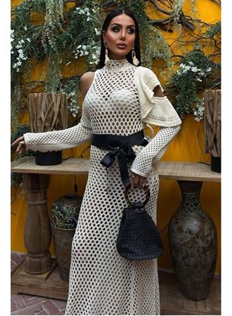 Saten Kuşaklı Ajurlu Triko Elbise 2847