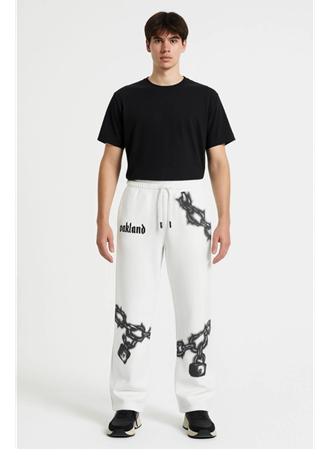 Erkek Üç İplik Pamuklu Baskılı Cepli Jogger Buggy Pantalon Oversize Kalıp - Beyaz