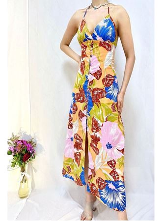 Mavi Sırt Dekolteli Keten Elbise