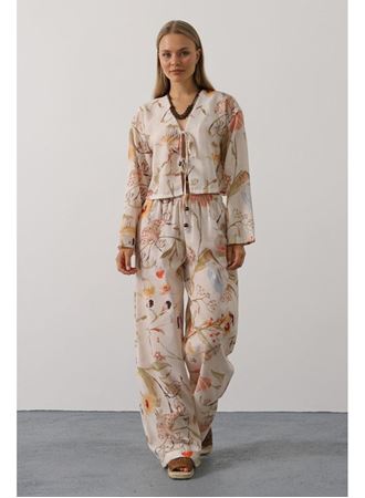 Çiçek Desen Önü Bağlamalı Pantolon Takım - Taş