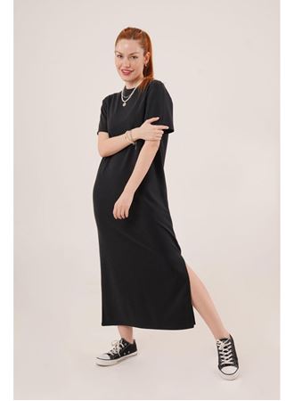 Yırtmaç Detaylı Kısa Kollu Salaş Maxi Siyah Elbise