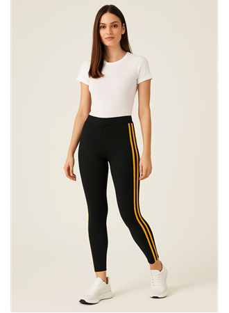 Yanı Sarı Şeritli Her Gardıropta Olması Gereken Tayt - Lacivert